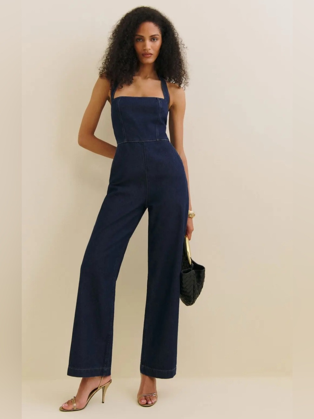 Reformation Navy Halter Denim Jumpsuit